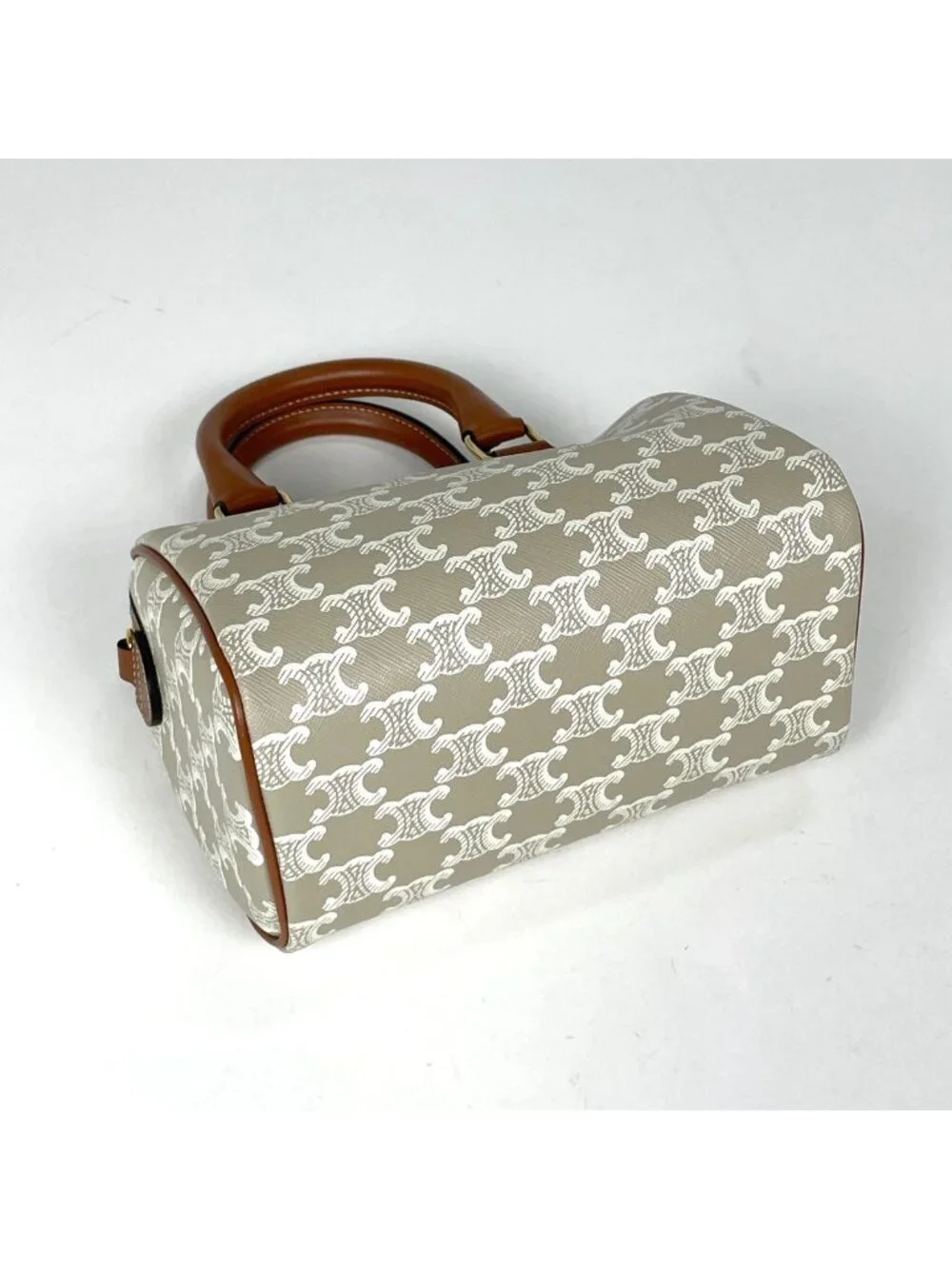 Celine Triomphe Small Boston Handbag 2-Way Beige Brown